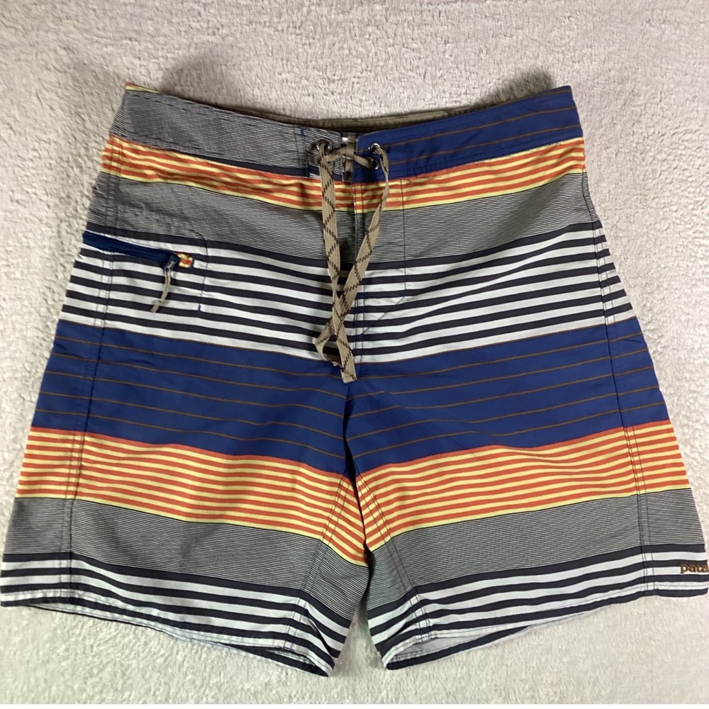 Patagonia Mens Striped Board Shorts Size 32‎ Blue Orange Swim Trunks Surf Shorts